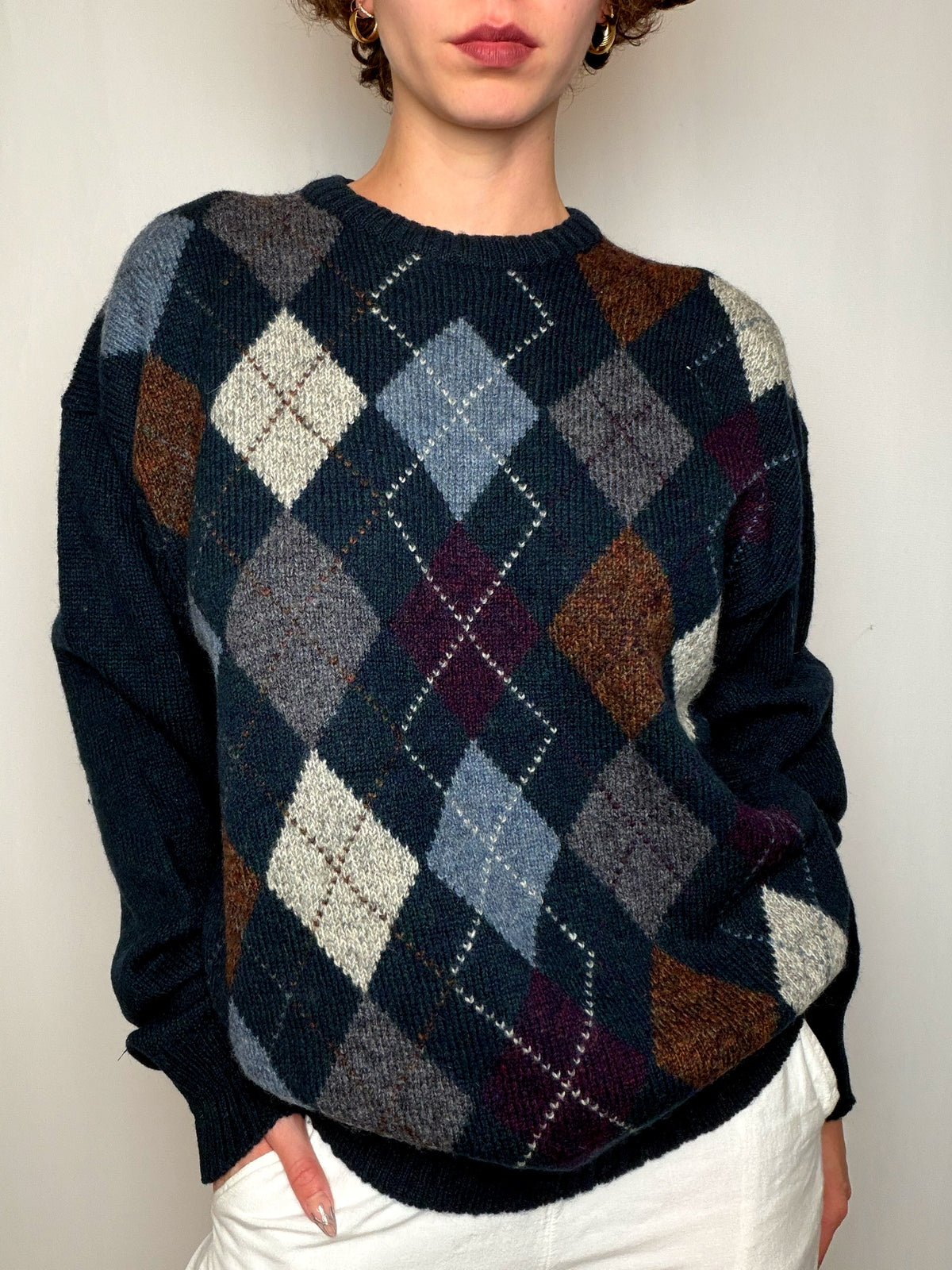 Pull bleu marine à motifs argyle vintage