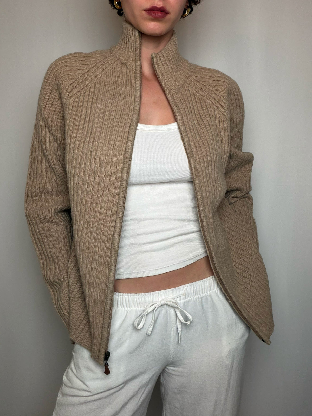 Cardigan à zip en laine Beige L vintage