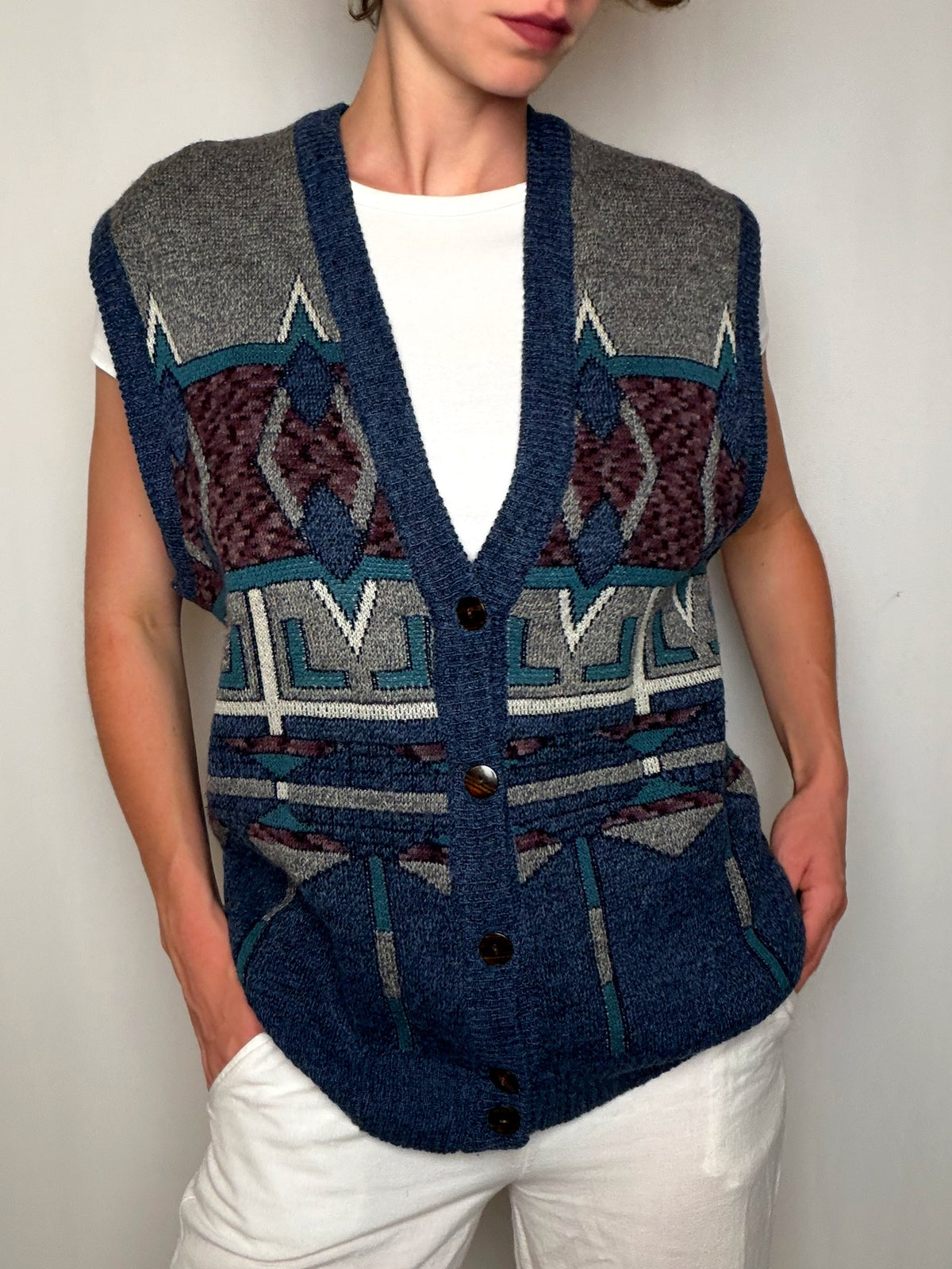 Gilet à motifs tricolores L vintage