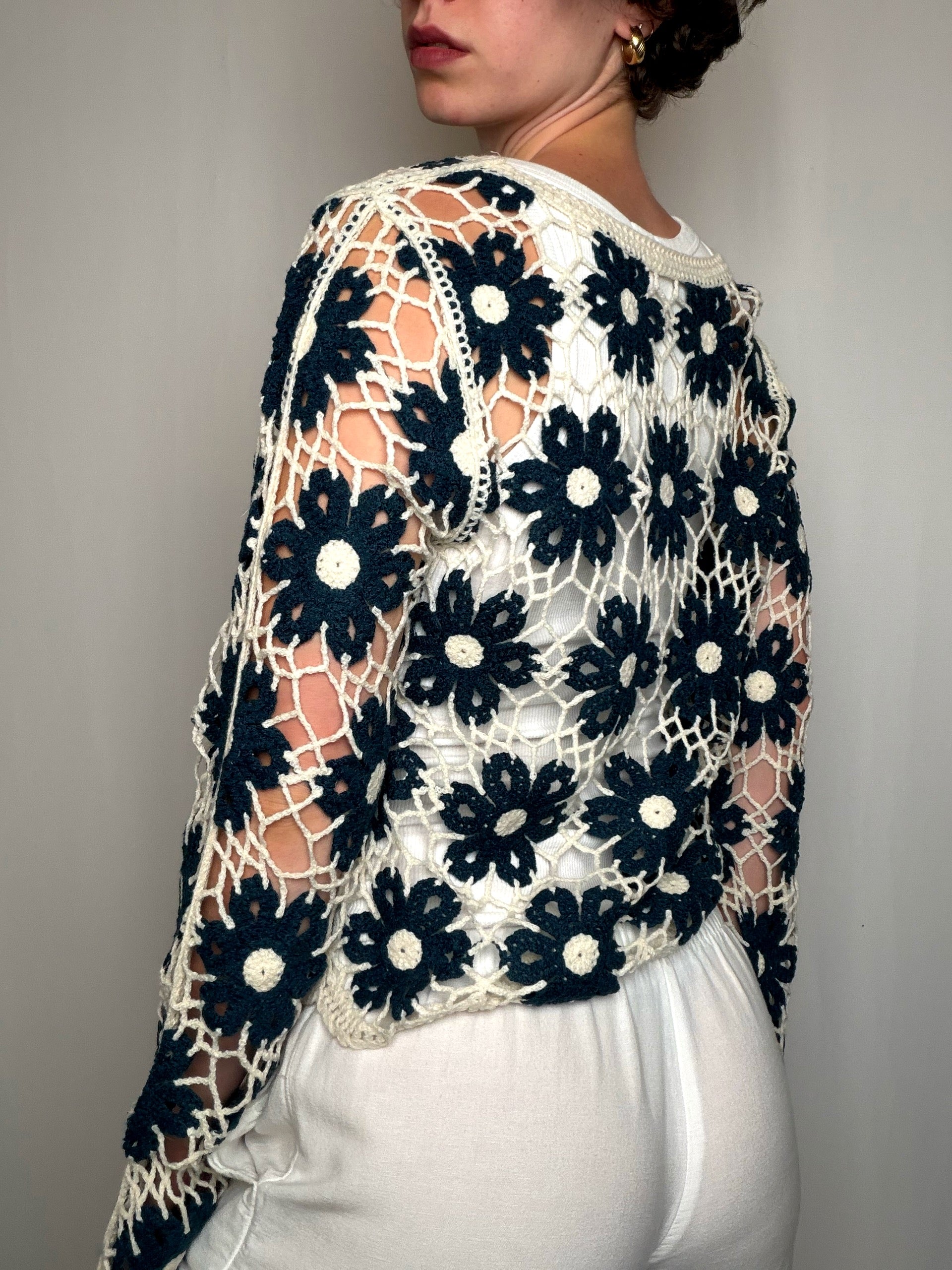 Top en crochet Noir Et Écru S/M vintage