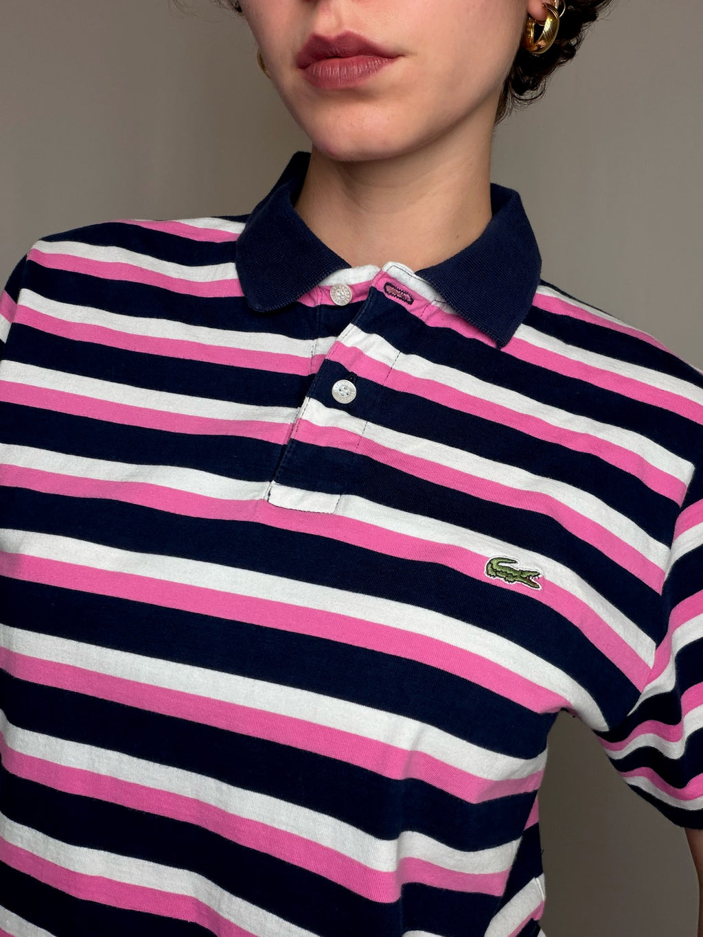 Polo Rayures Bleu Marine, Rose Et Blanc Lacoste L vintage