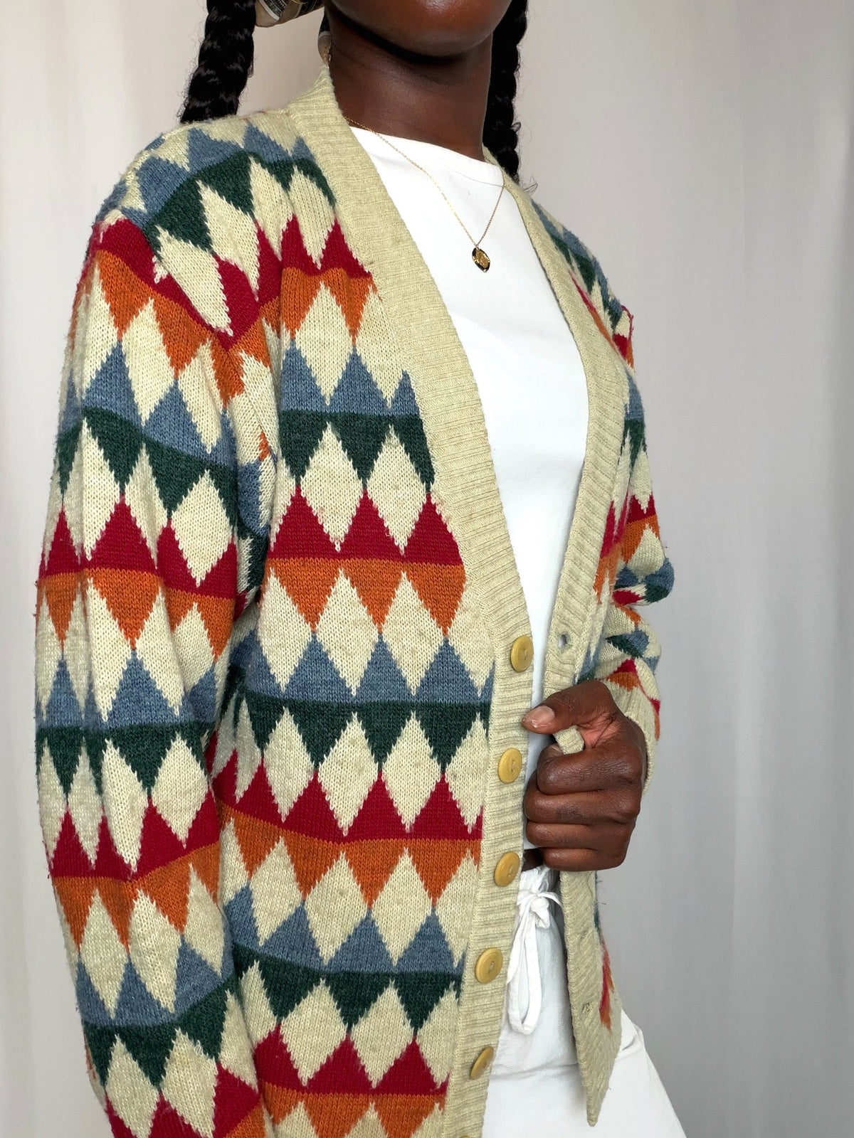 Cardigan à losanges multicolores M/L vintage