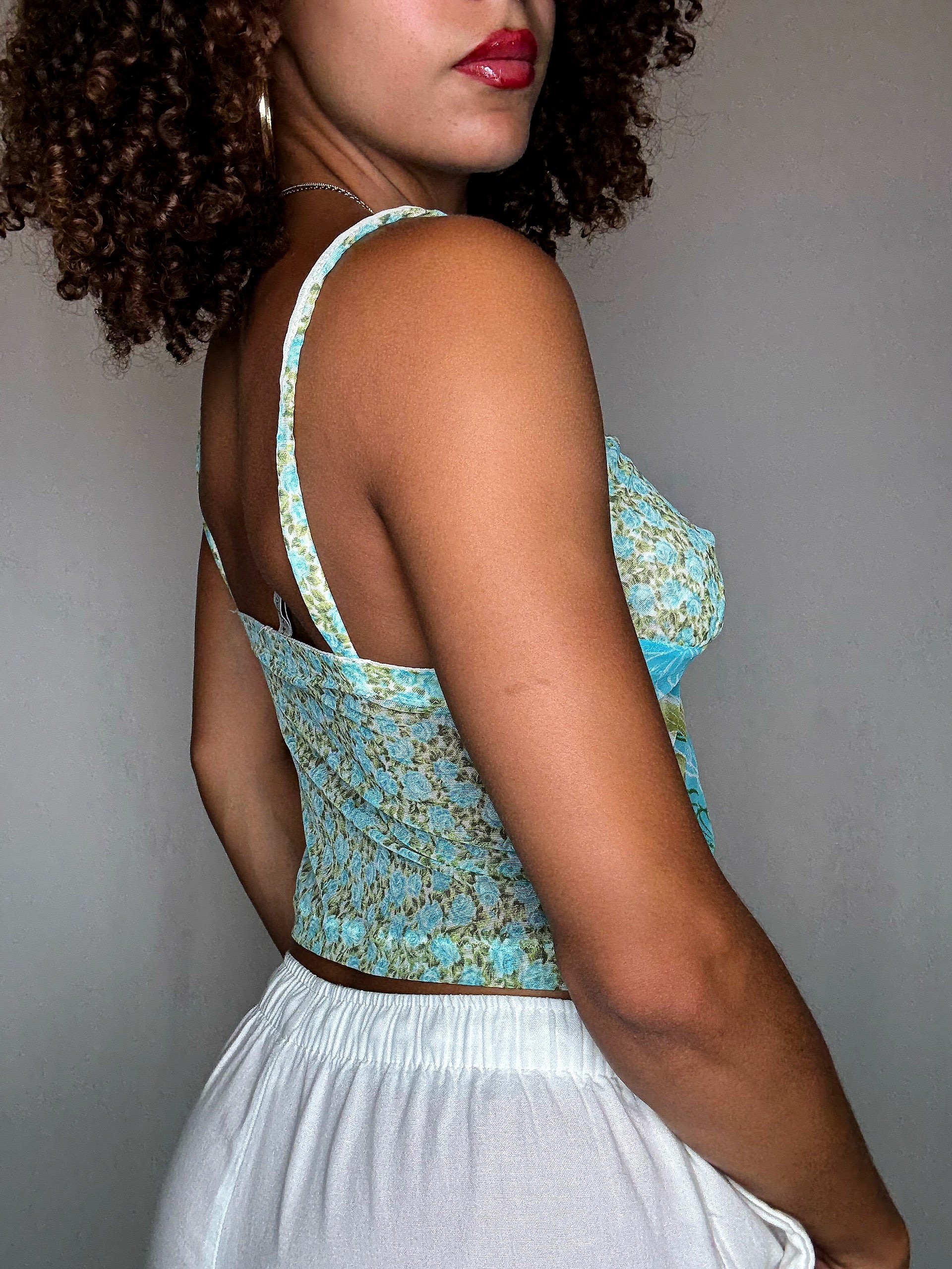 Top Imprimé Floral Bleu M vintage
