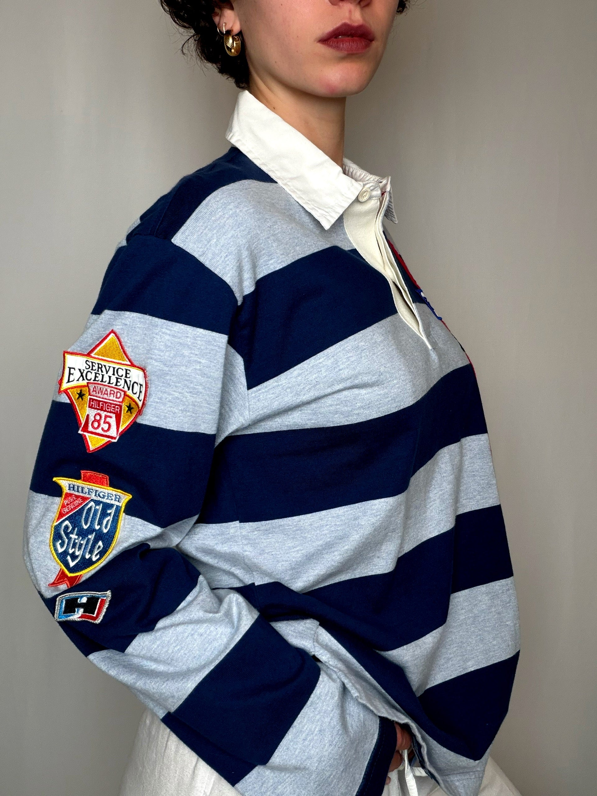 Polo de rugby rayé marine et gris Tommy Hilfiger L vintage