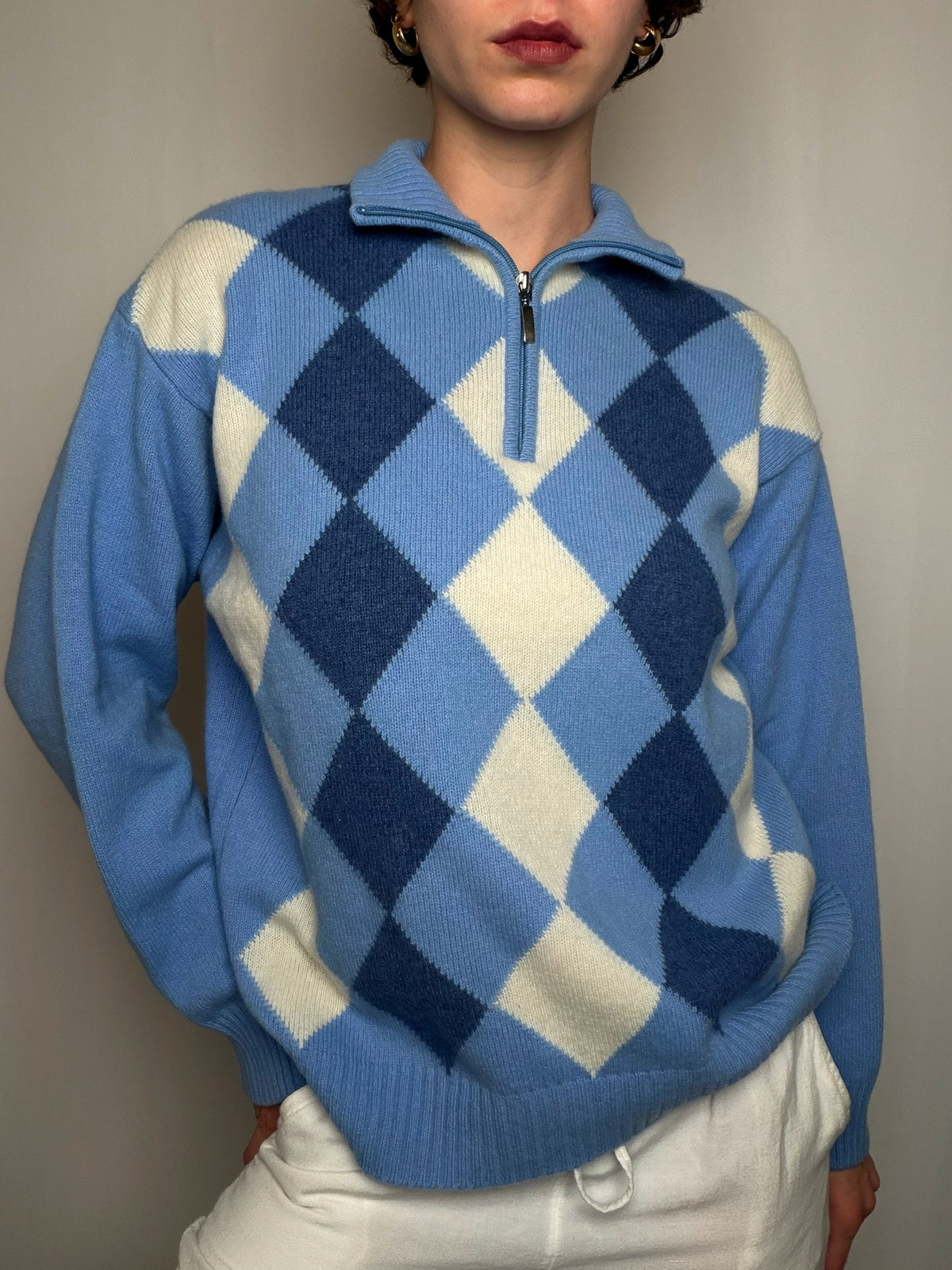 Pull camioneur à carreaux bleu L vintage