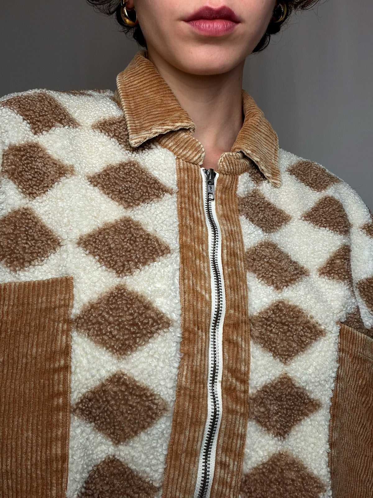 Veste en polaire ecru et brune M vintage