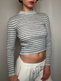 Pull en maille Gris Clair À Rayures Noires XS vintage