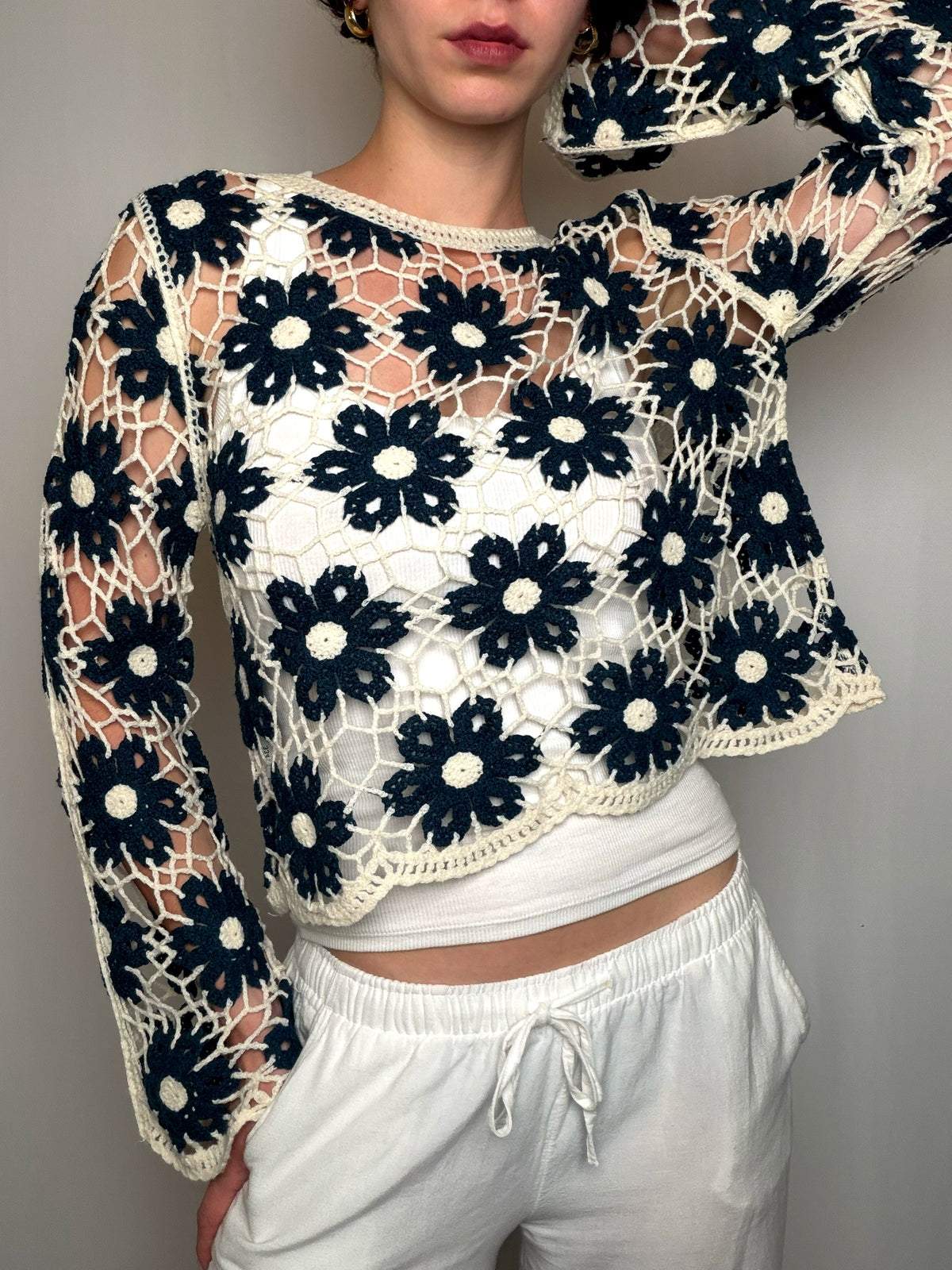 Top en crochet Noir Et Écru S/M vintage