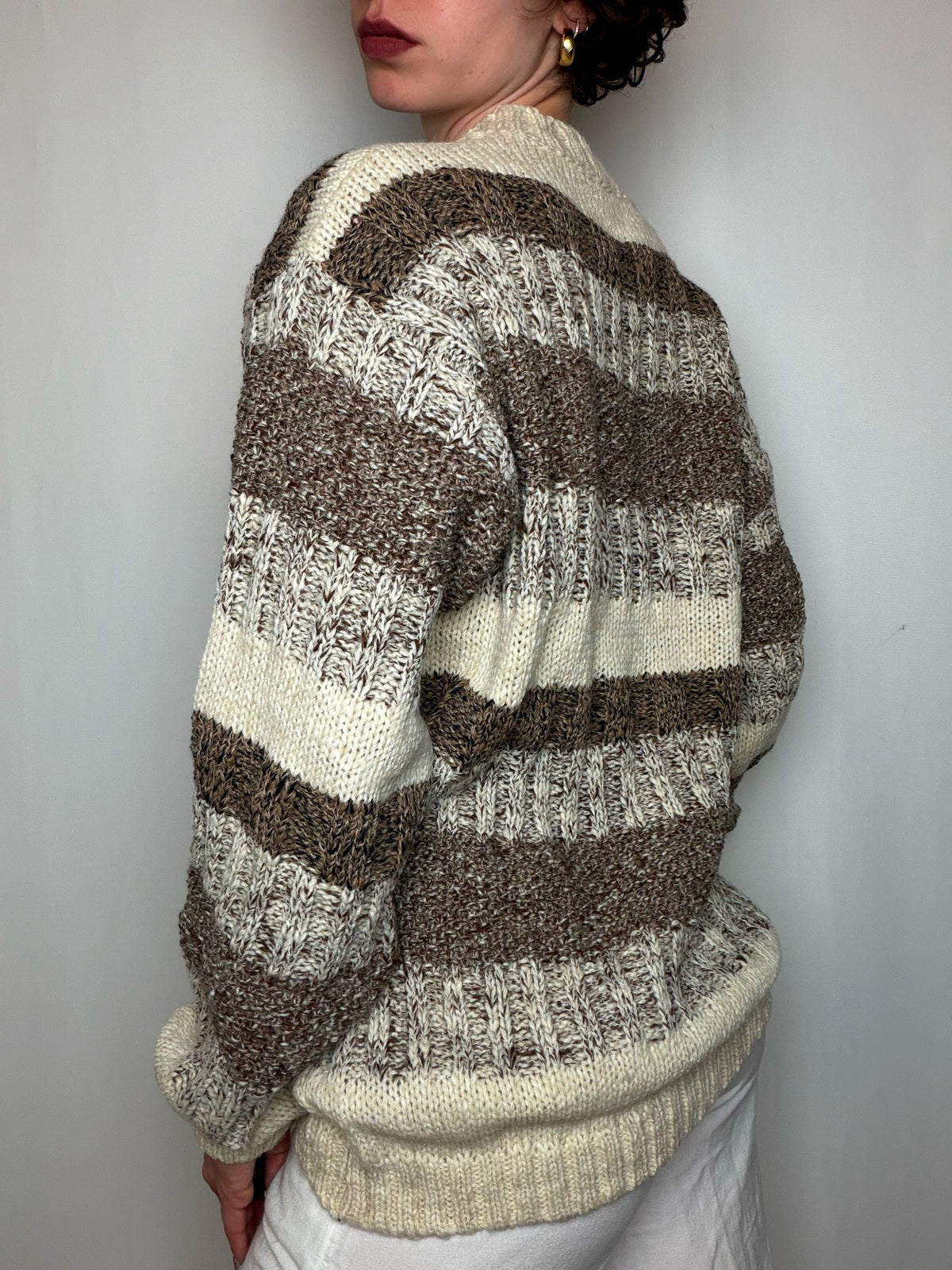 Pull Rayé Écru Et Brun L vintage
