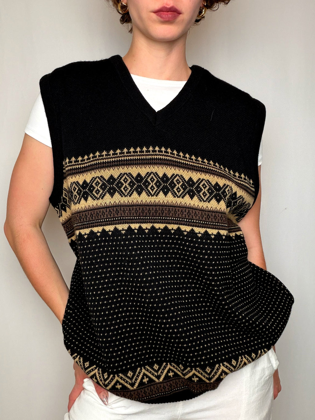 Gilet Noir Et Beige À Imprimé Géométrique vintage