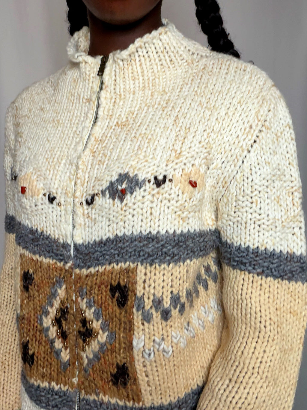 Cardigan à zip ecru à motifs S/M vintage