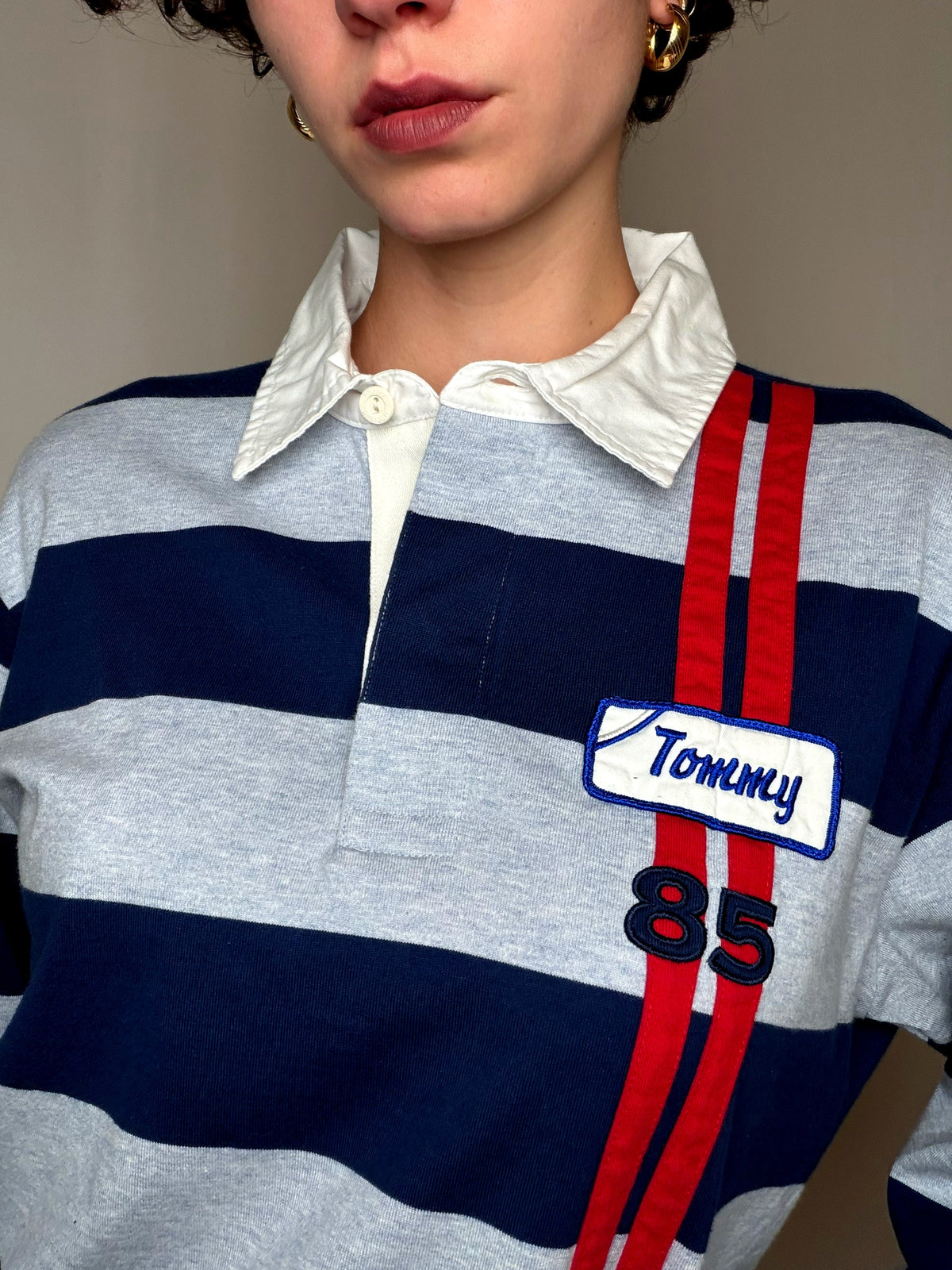 Polo de rugby rayé marine et gris Tommy Hilfiger L vintage