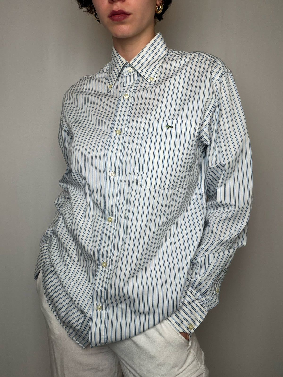 Chemise Rayures Bleu Marine Et Vert Sur Blanc Lacoste S/M vintage