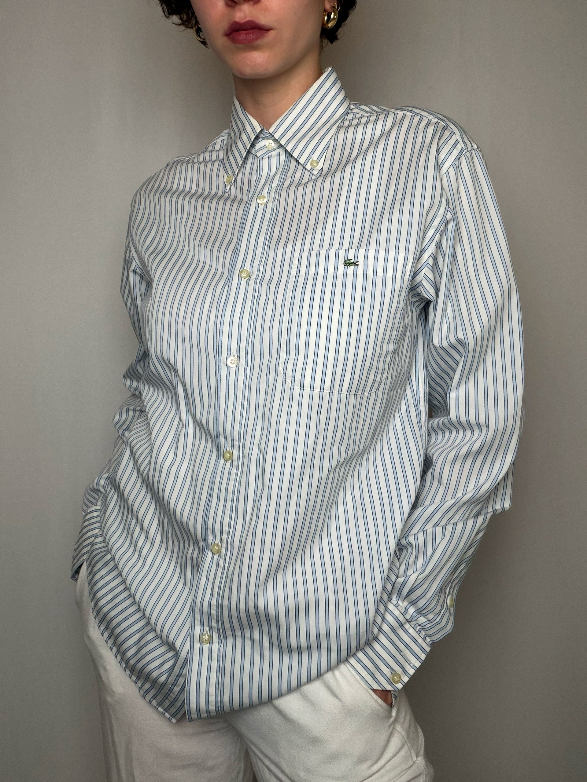 Chemise Rayures Bleu Marine Et Vert Sur Blanc Lacoste S/M vintage