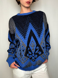Pull à motifs noir et bleu L vintage