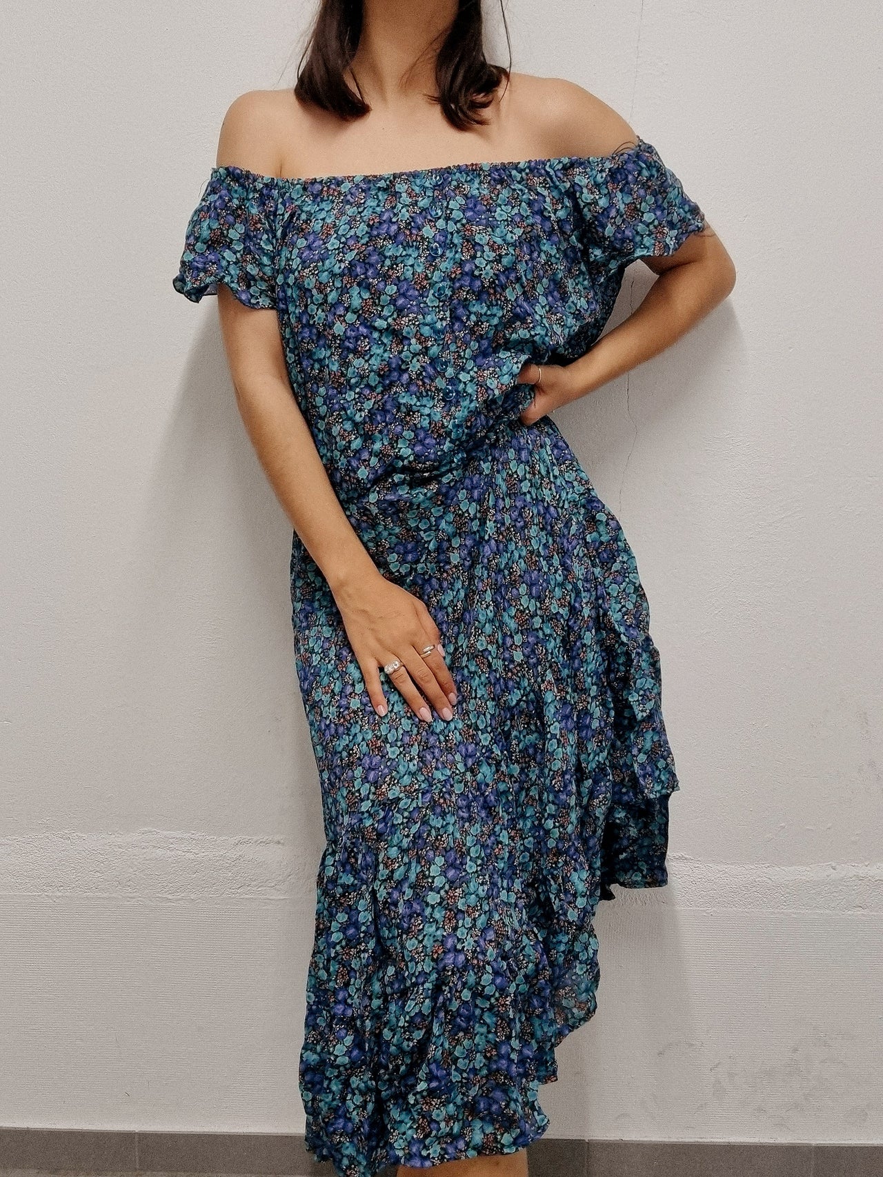 Robe longue vintage à fleurs bleue et violette M/L