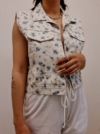 Gilet en jeans vintage sans manches blanc à fleurs S