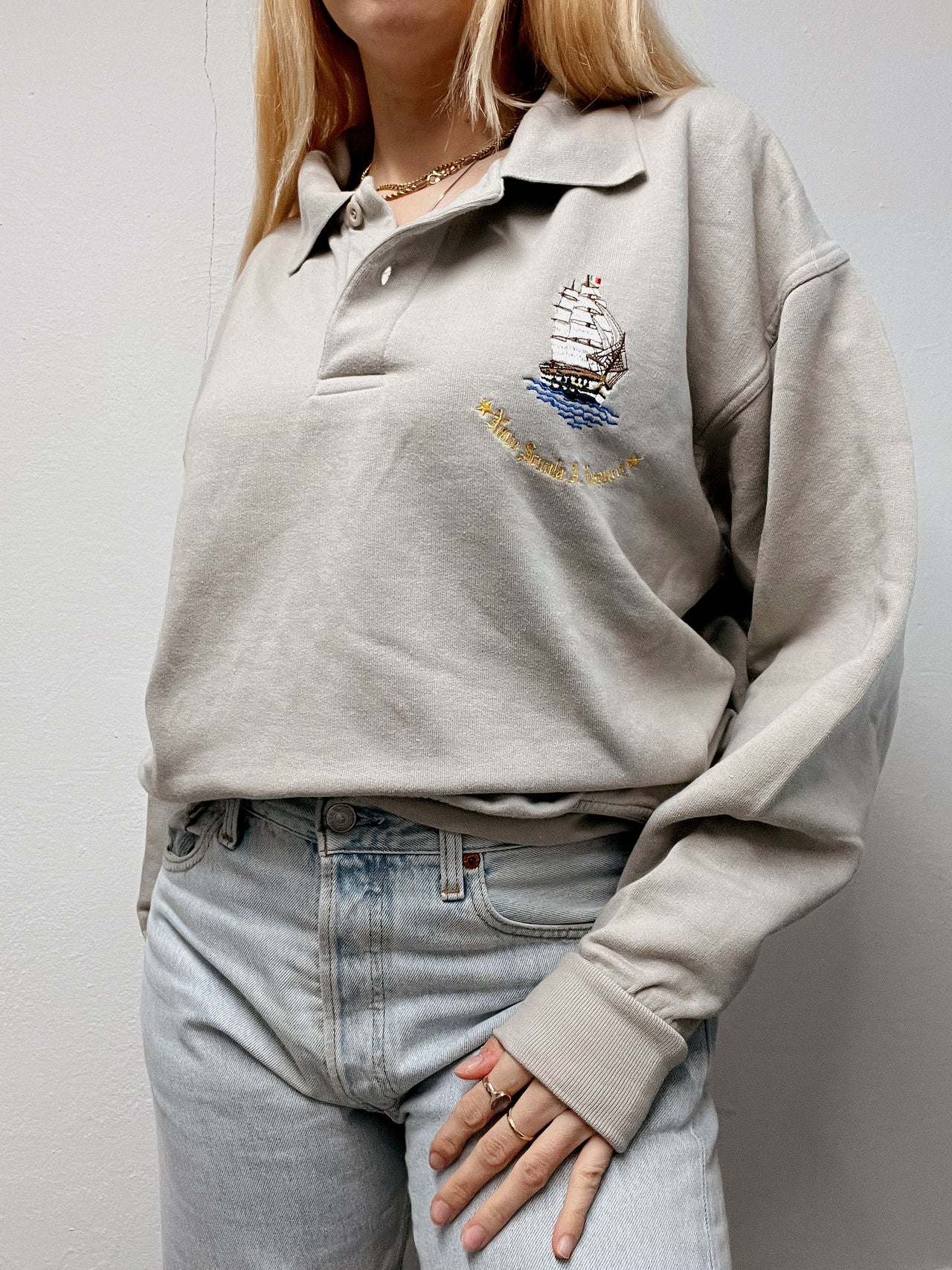 Vintage beige bestickter Polopullover L