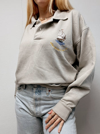 Pull polo vintage beige brodé L