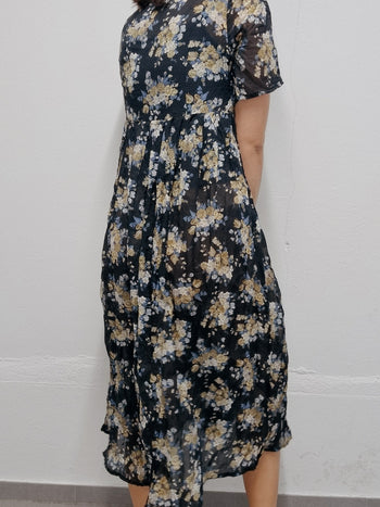 Robe vintage noire à fleurs M