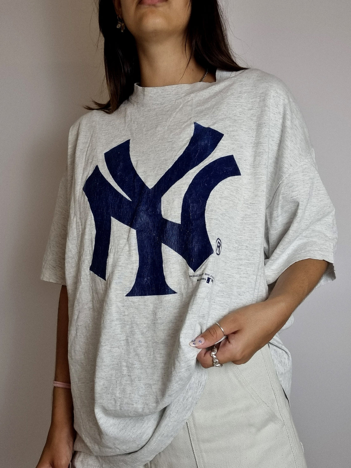 Hellgraues und blaues Vintage-NY-XXL-T-Shirt