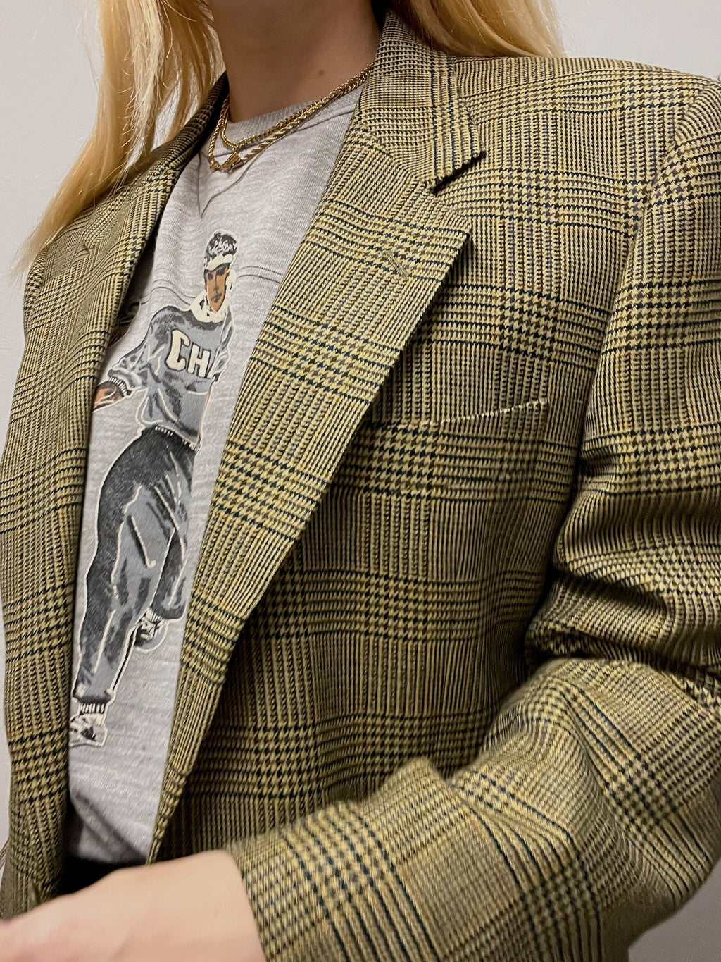 Veste blazer vintage pied de poule beige bleu marine et vert M/L