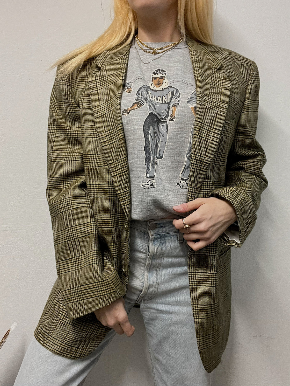 Veste blazer vintage pied de poule beige bleu marine et vert M/L