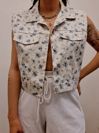 Gilet en jeans vintage sans manches blanc à fleurs S