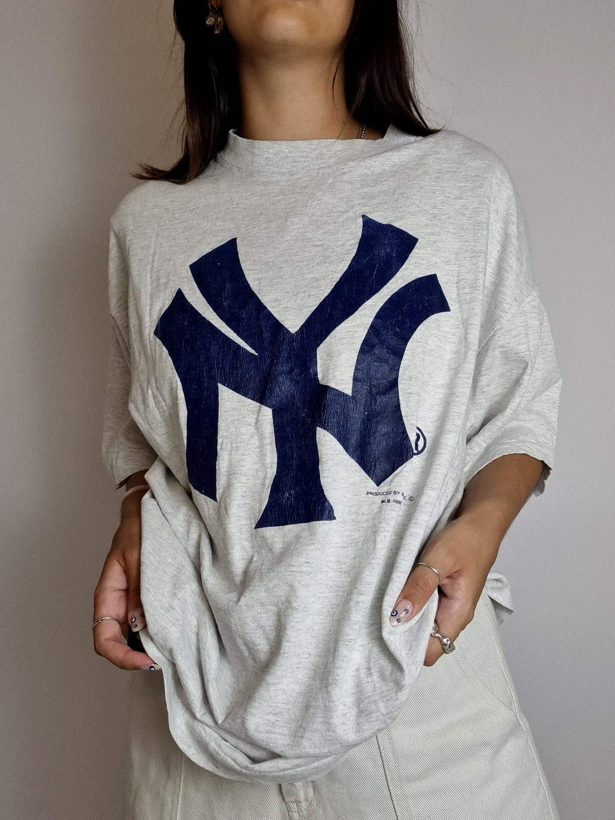 Hellgraues und blaues Vintage-NY-XXL-T-Shirt