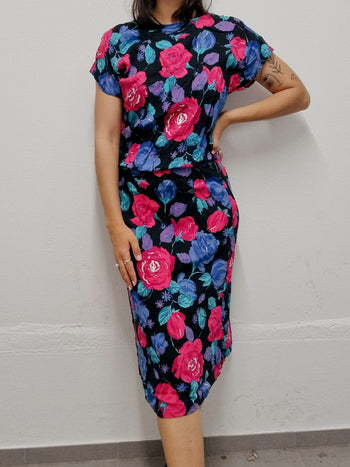 Robe vintage à fleurs noire et rose S/M