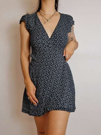 Robe courte vintage à fleurs bleue marine et blanche XS/S