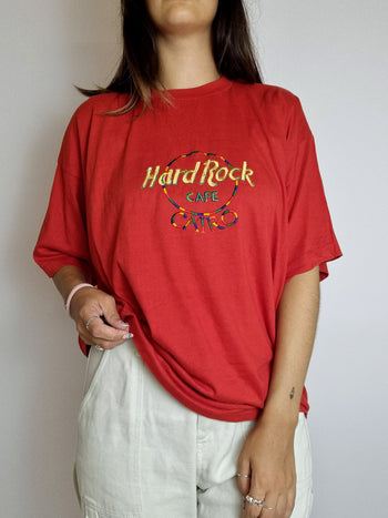 T-shirt vintage rouge brodé Hard Rock Cafe XL