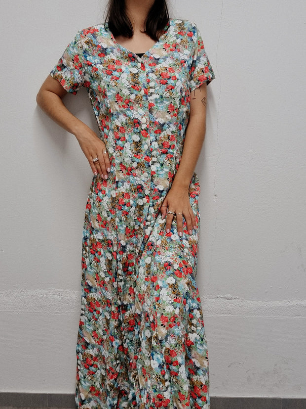 Robe longue vintage à fleurs multicolores M