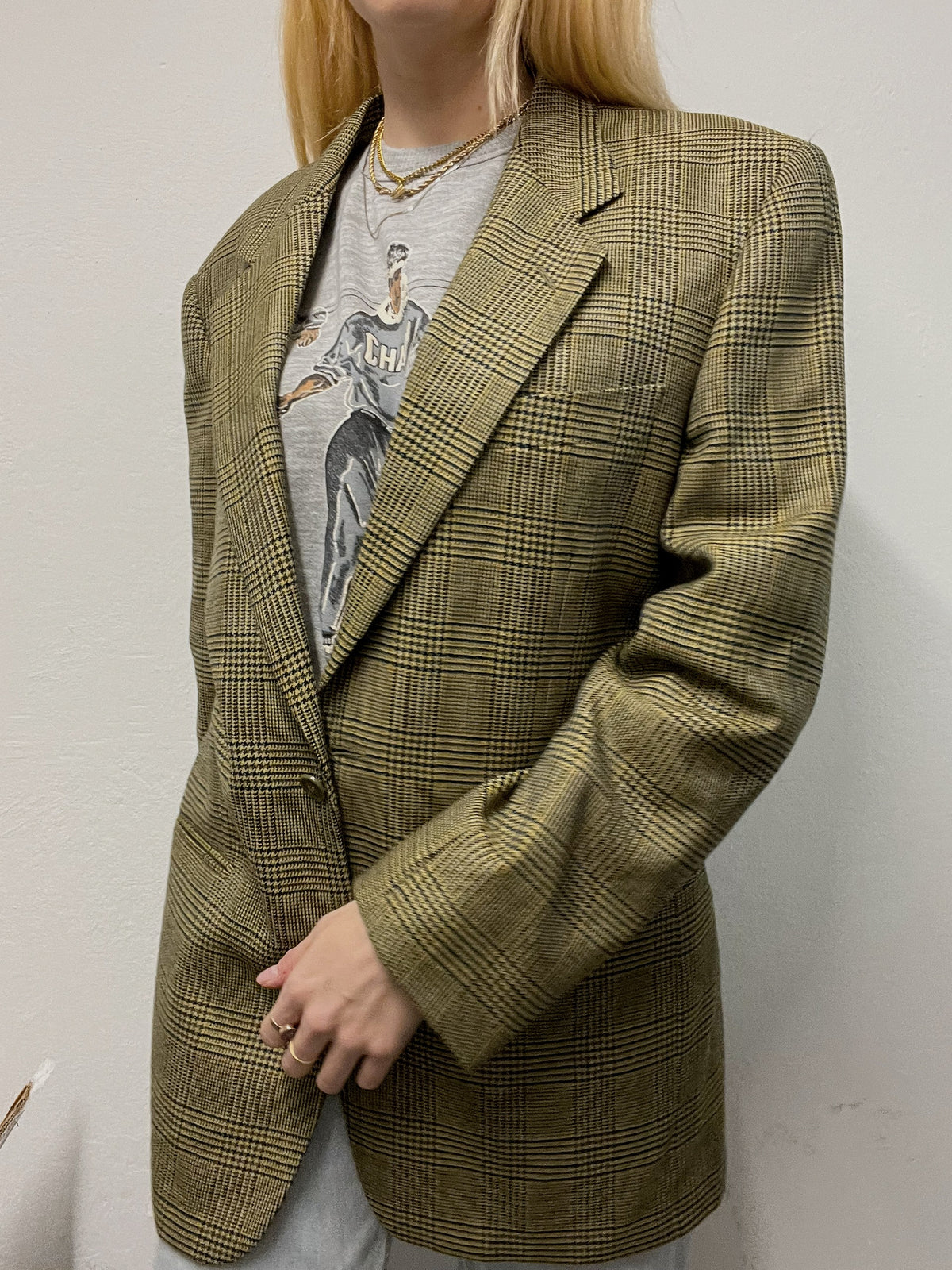 Veste blazer vintage pied de poule beige bleu marine et vert M/L