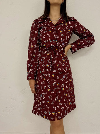 Robe vintage à fleurs bordeaux S/M