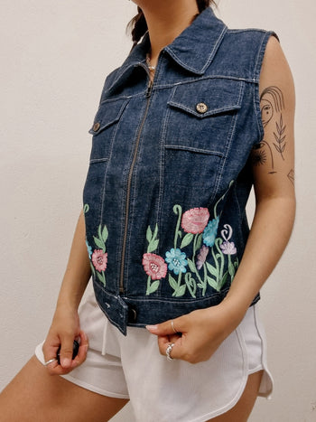 Gilet en jeans vintage sans manches bleu foncé brodé L