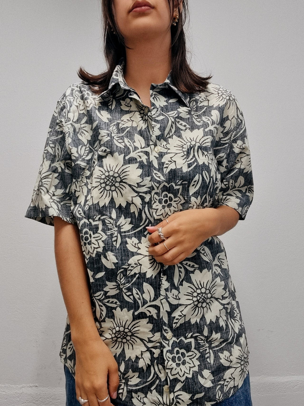 Chemise vintage noire grise à motifs M