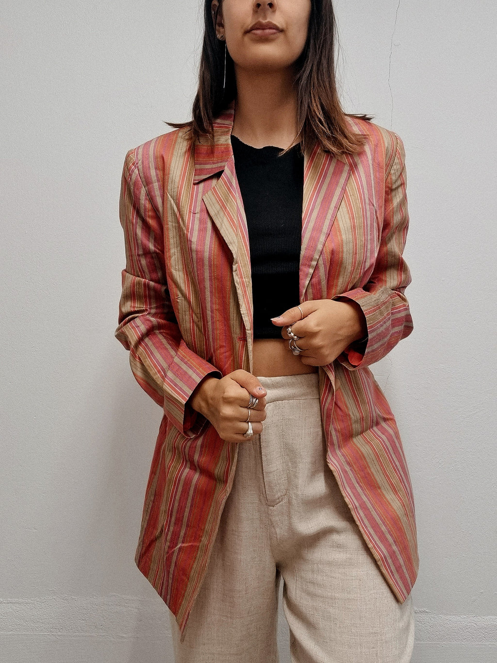 Veste blazer vintage rayé rose et vert