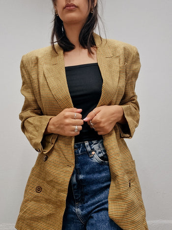 Veste blazer vintage oversized beige/moutarde à carreaux L