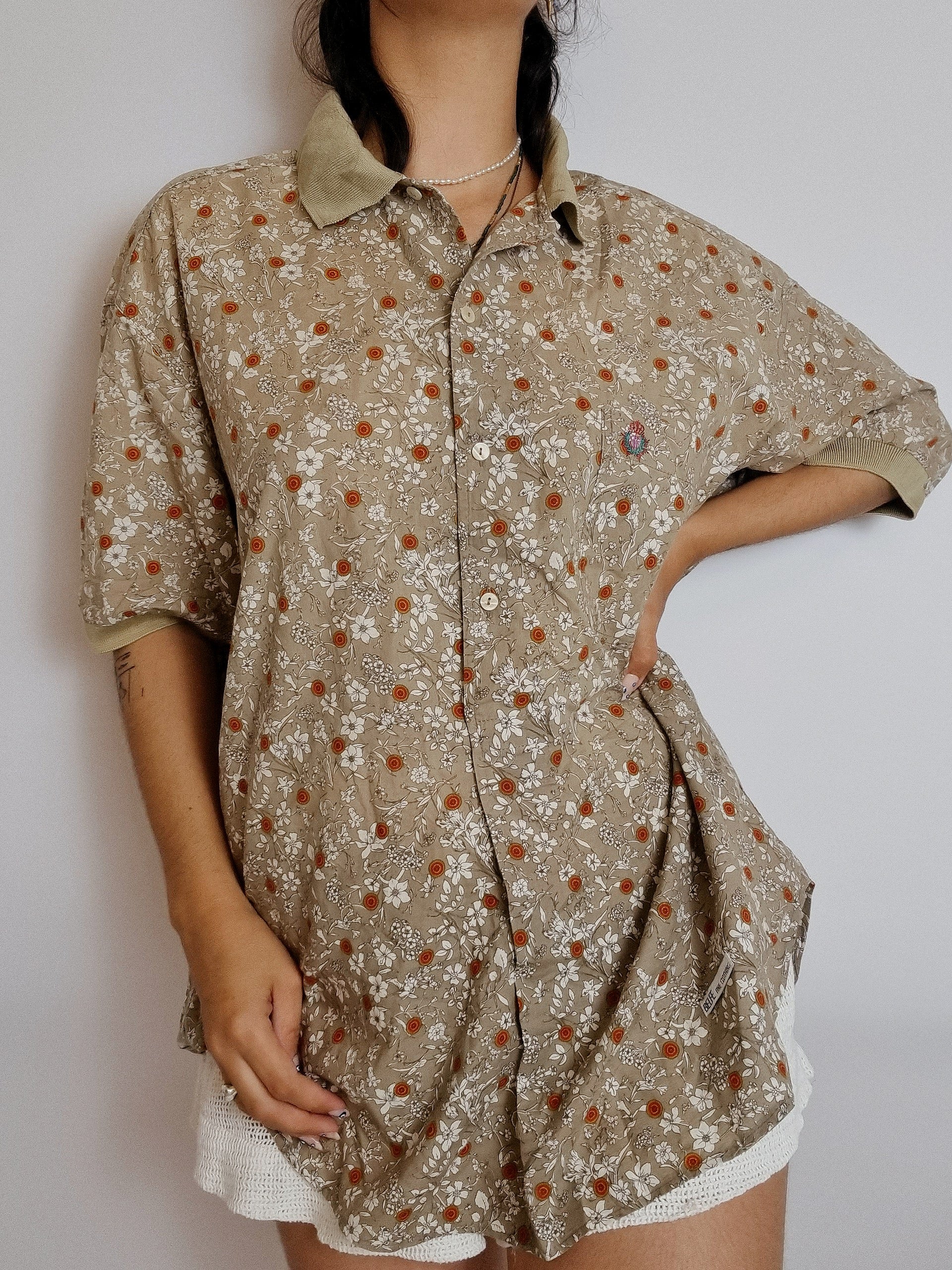 Chemise vintage à motifs beige/moutarde XL