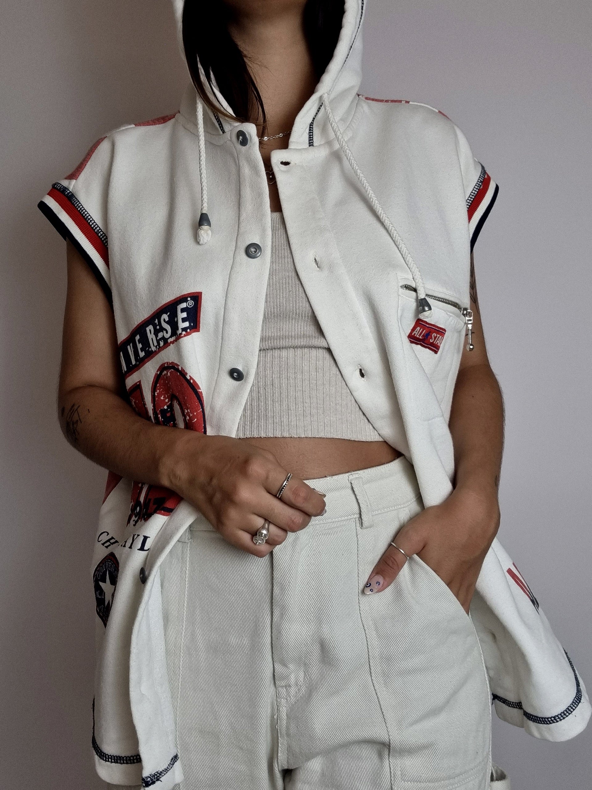 Gilet vintage sans manche blanc et rouge américain Converse XL