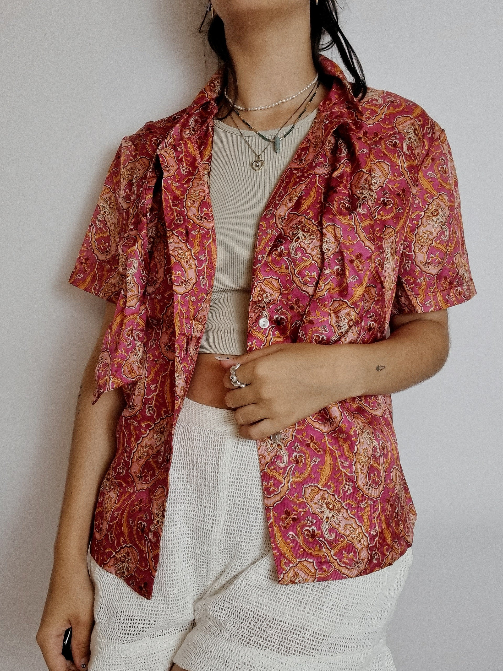 Chemise vintage à motifs roses et oranges  M/L