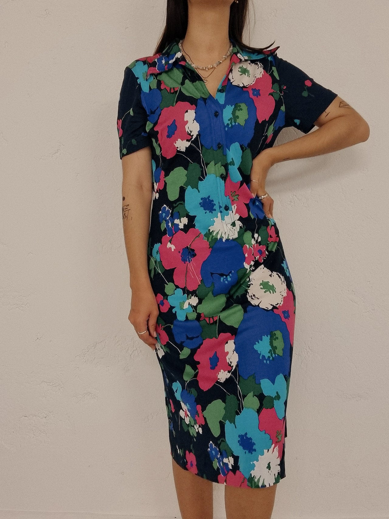 Robe vintage à fleurs bleue et rose S