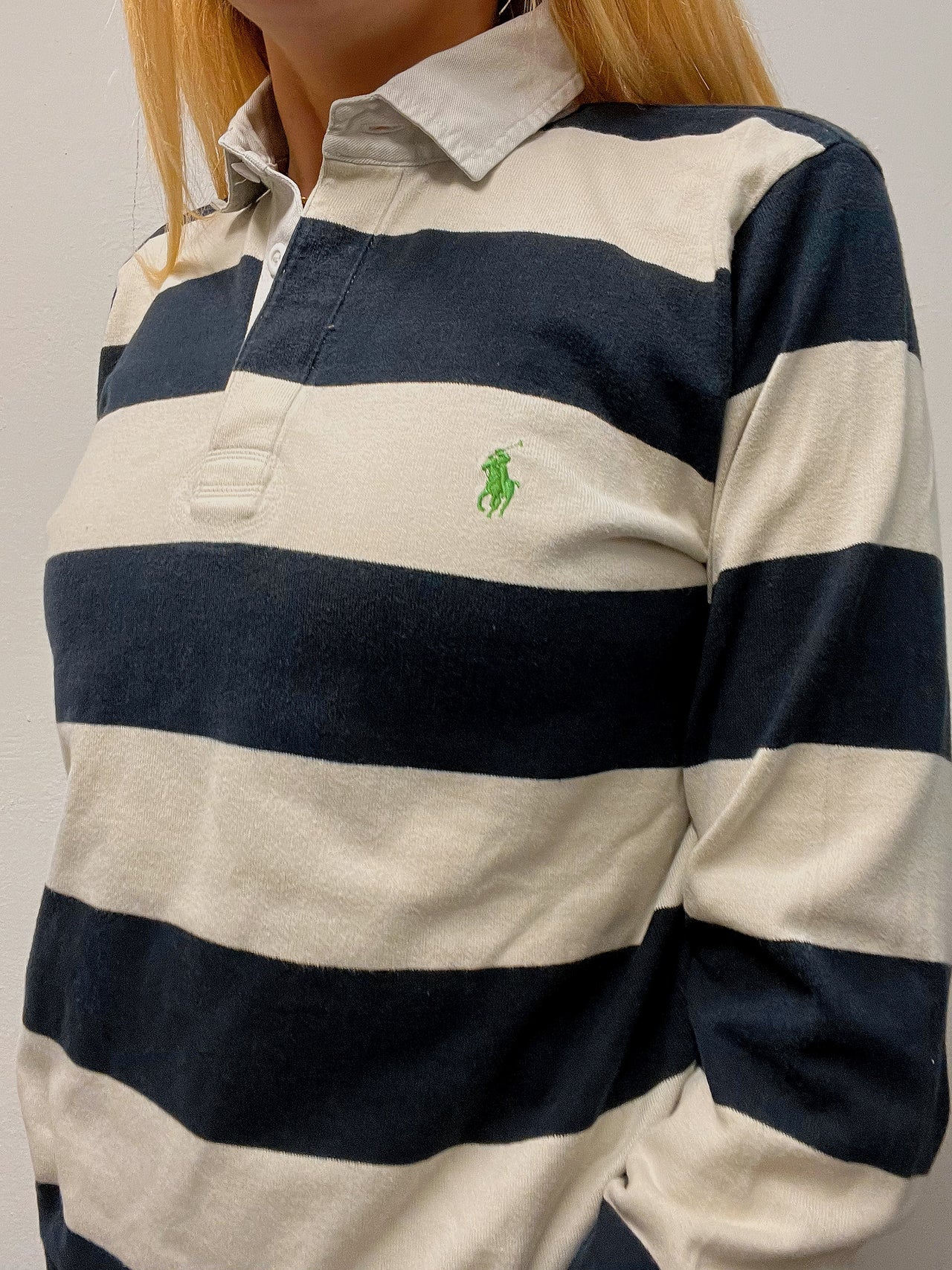 Polo Ralph Lauren à manches longues bleu foncé  et blanc L