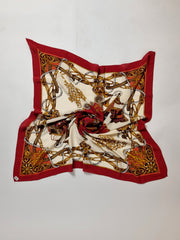 Foulard vintage rouge et blanc éventails 100% soie