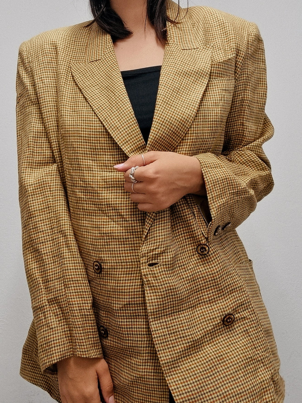 Veste blazer vintage oversized beige/moutarde à carreaux L