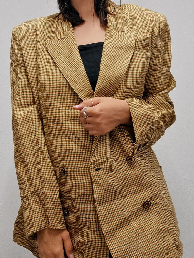 Veste blazer vintage oversized beige/moutarde à carreaux L