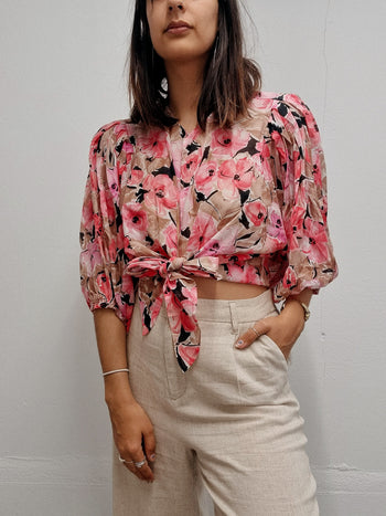 Chemise vintage rose à fleurs M