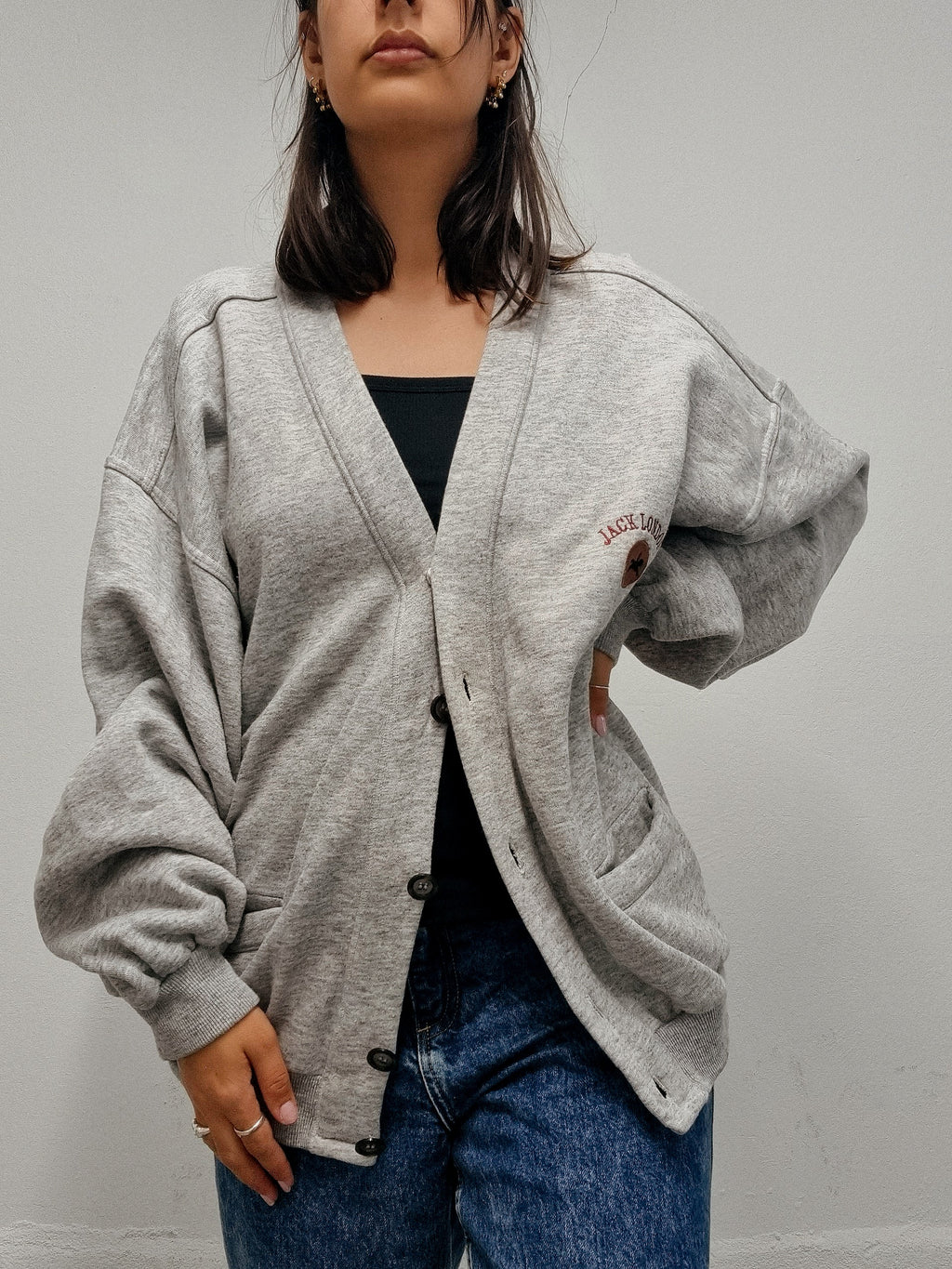 Cardigan vintage gris Clair oversized brodé XL