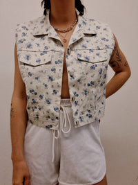 Gilet en jeans vintage sans manches blanc à fleurs S
